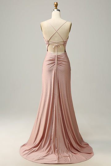 Mermaid Spaghetti Straps Blush Long Ball Dress with Beading